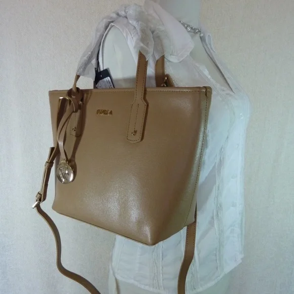FURLA Daisy Cappuccino Brown Saffiano Leather Small Tote Bag - MADE IN ITALY